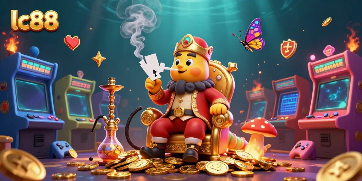 Experience vibrant gaming with lc88, featuring a lively caterpillar sultan and arcade elements in a dynamic casino scene.