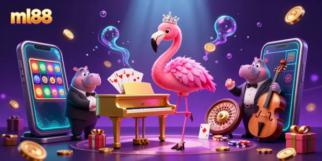 Experience excitement with ml88, showcasing a lively casino scene featuring vibrant 3D characters and gaming action.