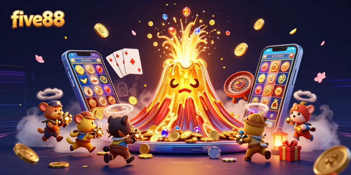 Experience five88's thrilling gaming world with an epic eruption of treasures and treasures surrounding a vibrant casino scene.