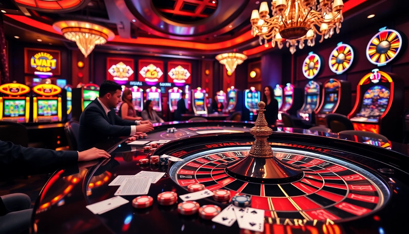 Players enjoying a luxurious casino experience at 6FF with roulette, poker chips, and vibrant slot machines.