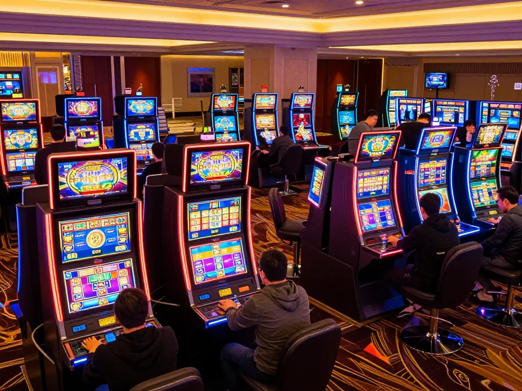 Players engaging enthusiastically at the lively slot machines on one88on casino floor