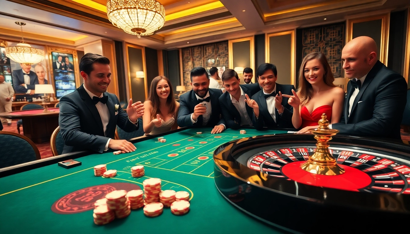 Engaging gambling scene at cm88 com featuring excited players at a stylish table with roulette and poker chips.
