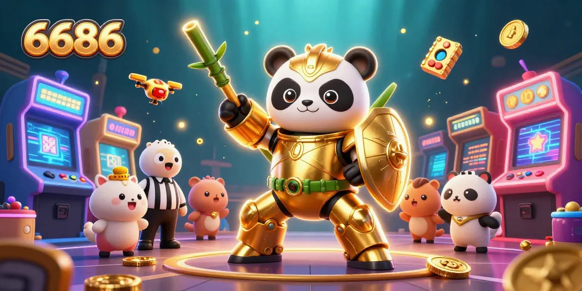Engage in vibrant 6686 casino adventures with a dynamic 3D panda pilot amidst lively game features.