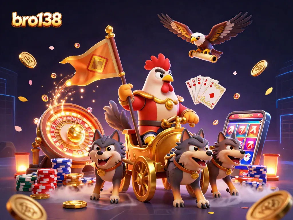 Spin and win with bro138's casino adventure featuring dynamic 3D illustrations and golden treasures.