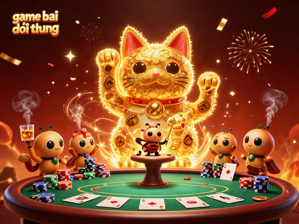 Celebrate gaming victories with a vibrant illustration of game bai doi thuong and lucky cat symbols.