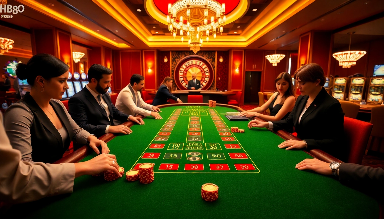 Players engaging at a luxurious qh88 casino table with vibrant poker chips and roulette wheel.