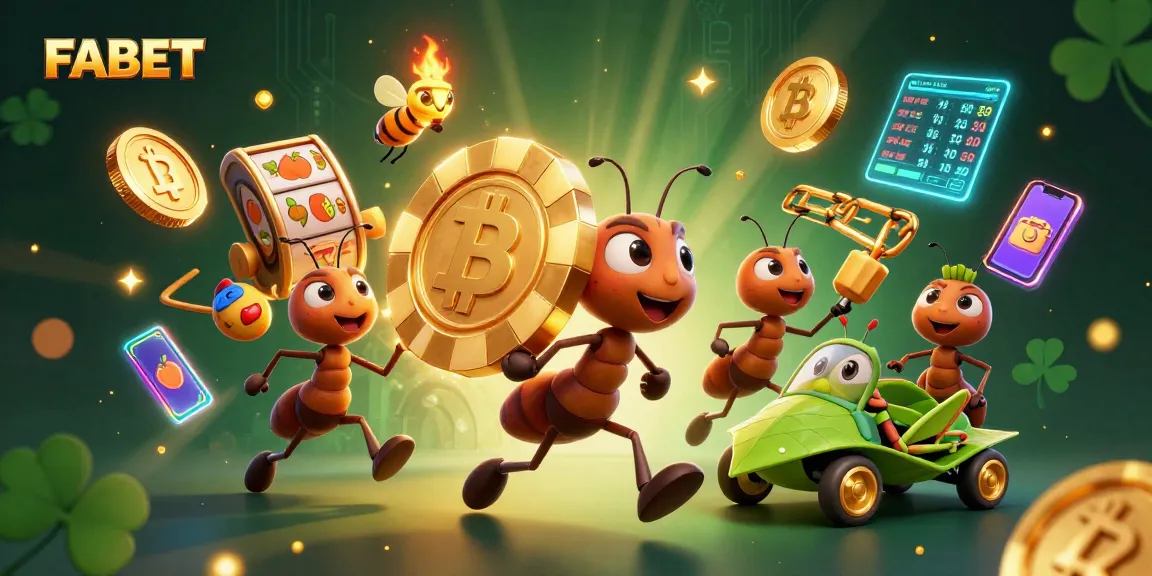 FABET engages users in an exciting heist scene with ants carrying a giant poker chip in a vibrant casino setting.
