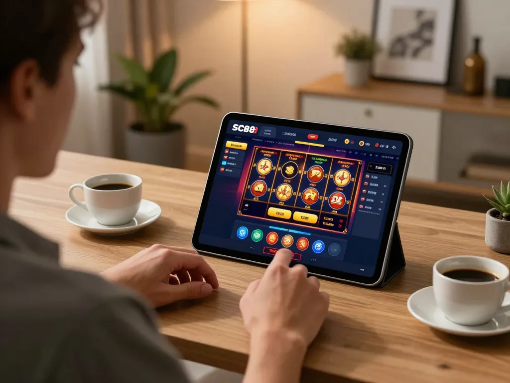 Player engaging with SC88 app on tablet, immersed in the online casino experience.
