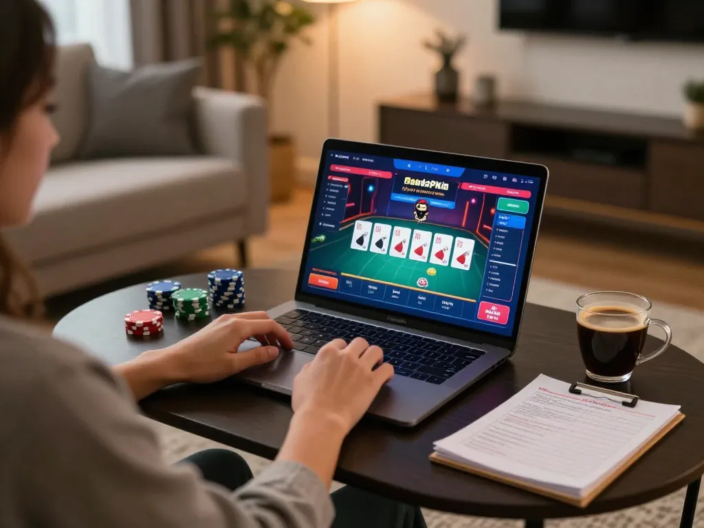 Engaging in online poker gameplay at Luckywin, showcasing a vibrant interface and a cozy living atmosphere