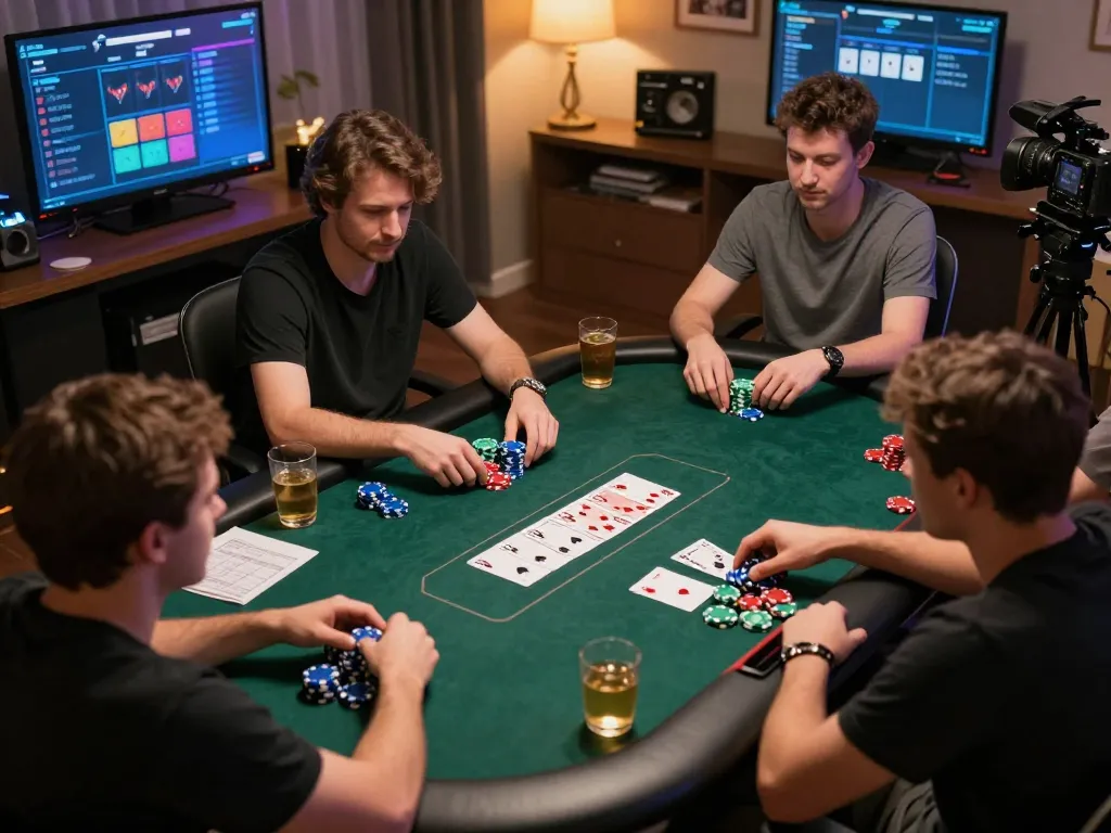 Players engaging in a strategic poker session on sunwin, showcasing colorful chips and cards in a home gaming setting.