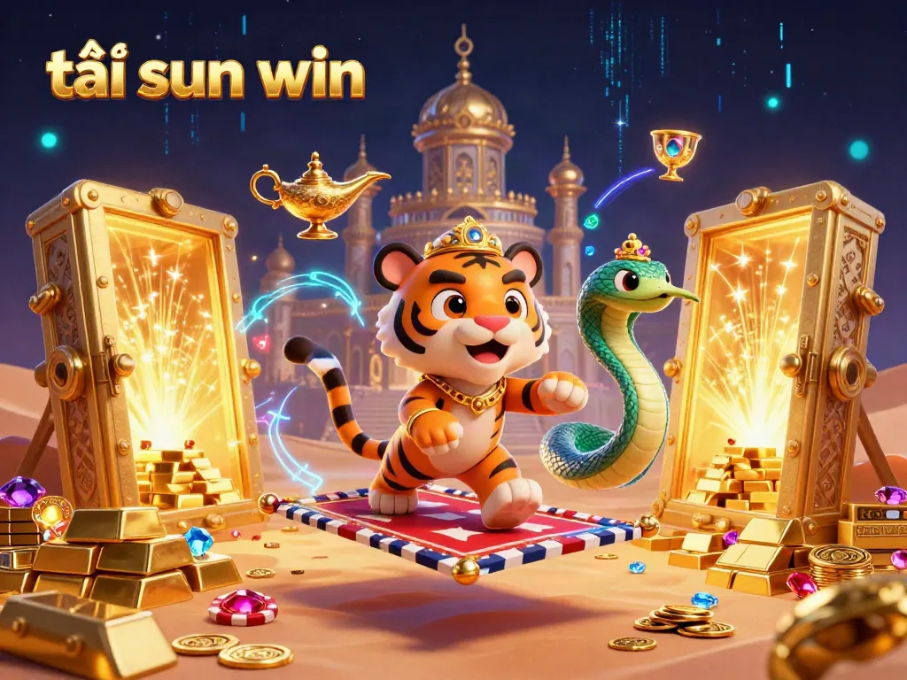 Win big with tải sun win in this vibrant casino-themed illustration featuring gold and treasures.
