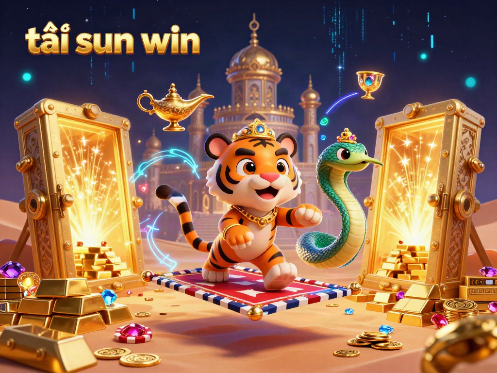 Win big with tải sun win in this vibrant casino-themed illustration featuring gold and treasures.
