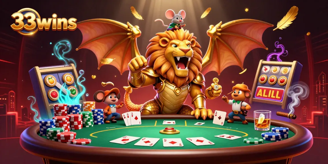 Engage in thrilling gameplay at 33wins with a vibrant 3D poker scene featuring unique characters.