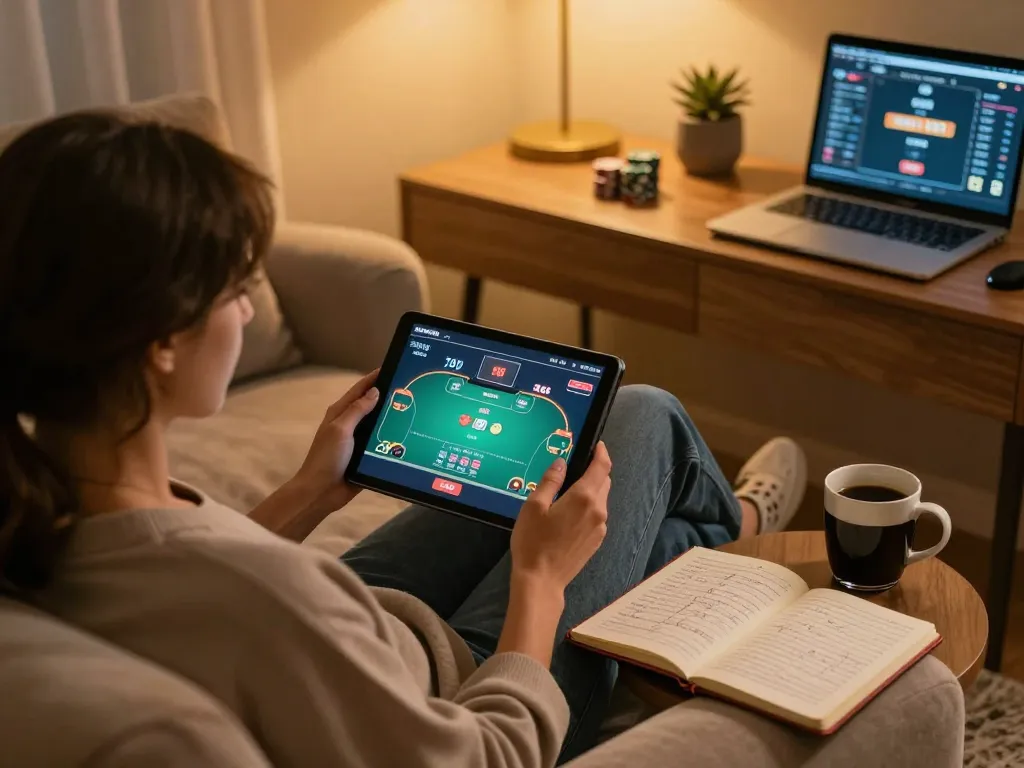 Play poker online at home using tablet for rik vip gaming with strategies in notebook.