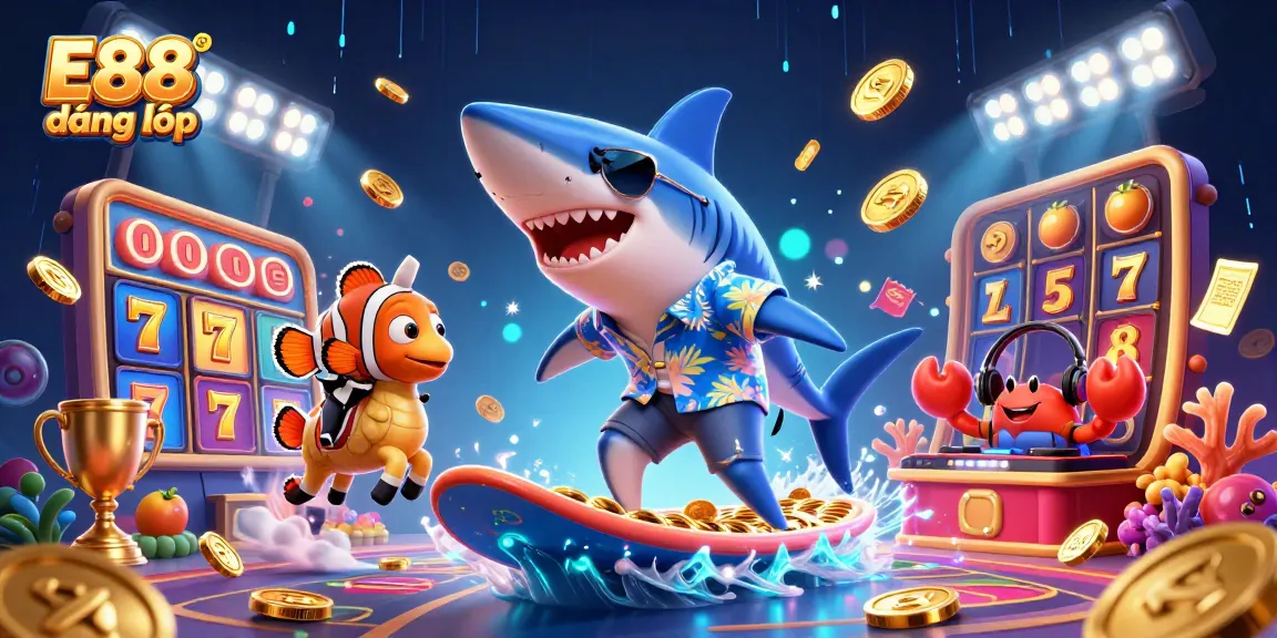 Experience E88 đăng nhập with vibrant casino-themed illustration showcasing 3D characters in dynamic action.