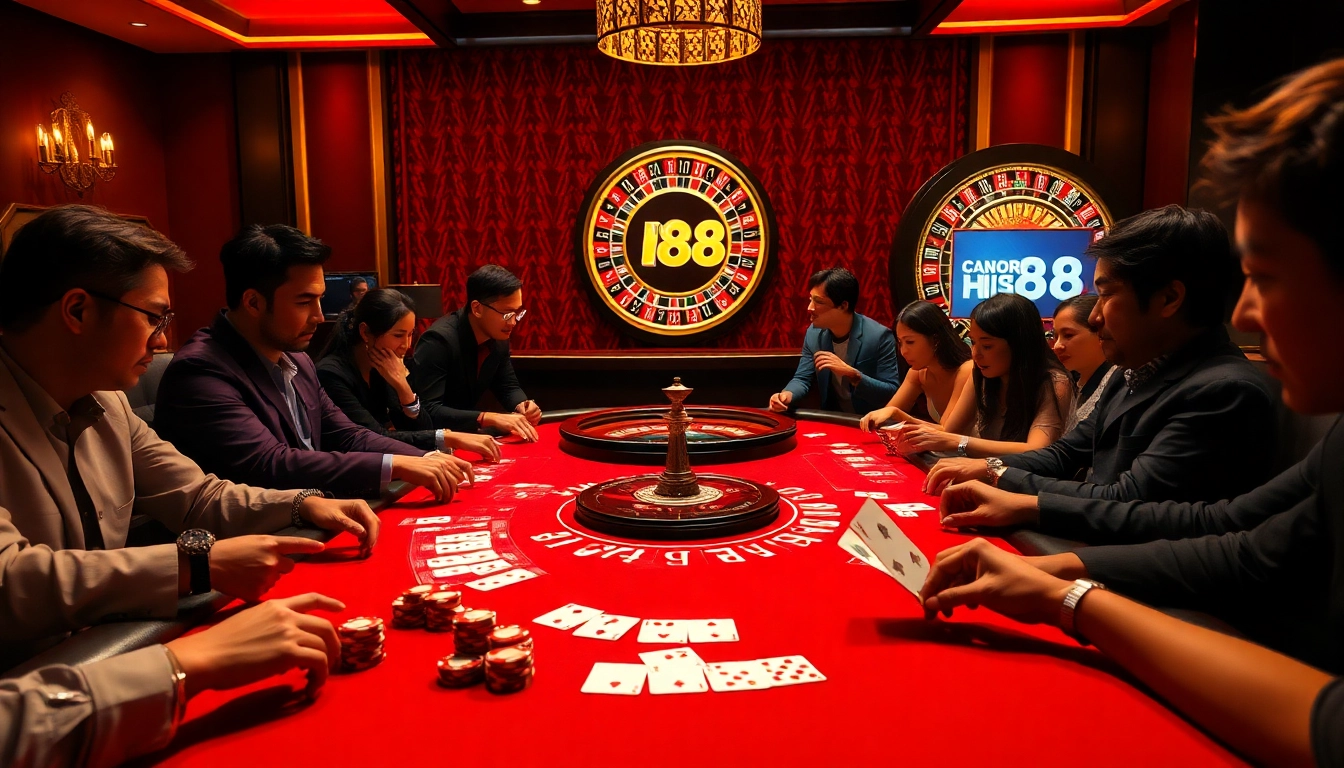 Players enjoying a thrilling game at a Hi88 casino table with poker chips and cards.