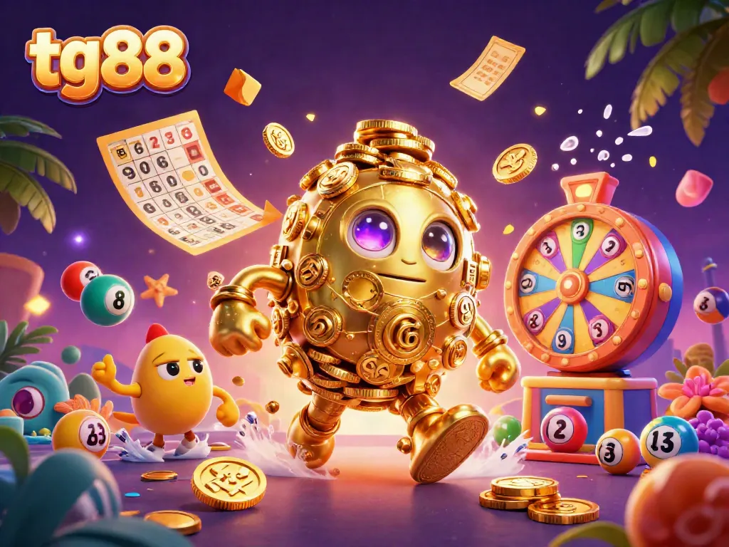 Experience thrilling gameplay at tg88 with a dynamic scene showcasing a golden golem and vibrant lottery elements.