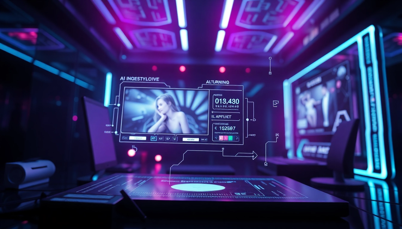 Intriguing representation of ai porn showcasing AI technology generating customizable adult content in a futuristic setting.