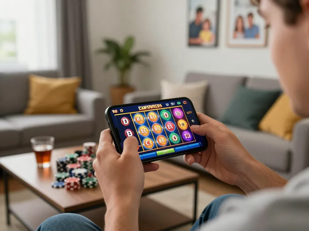 Engaging in mobile casino game on smartphone, showcasing excitement around trang chủ okwin for online gambling.