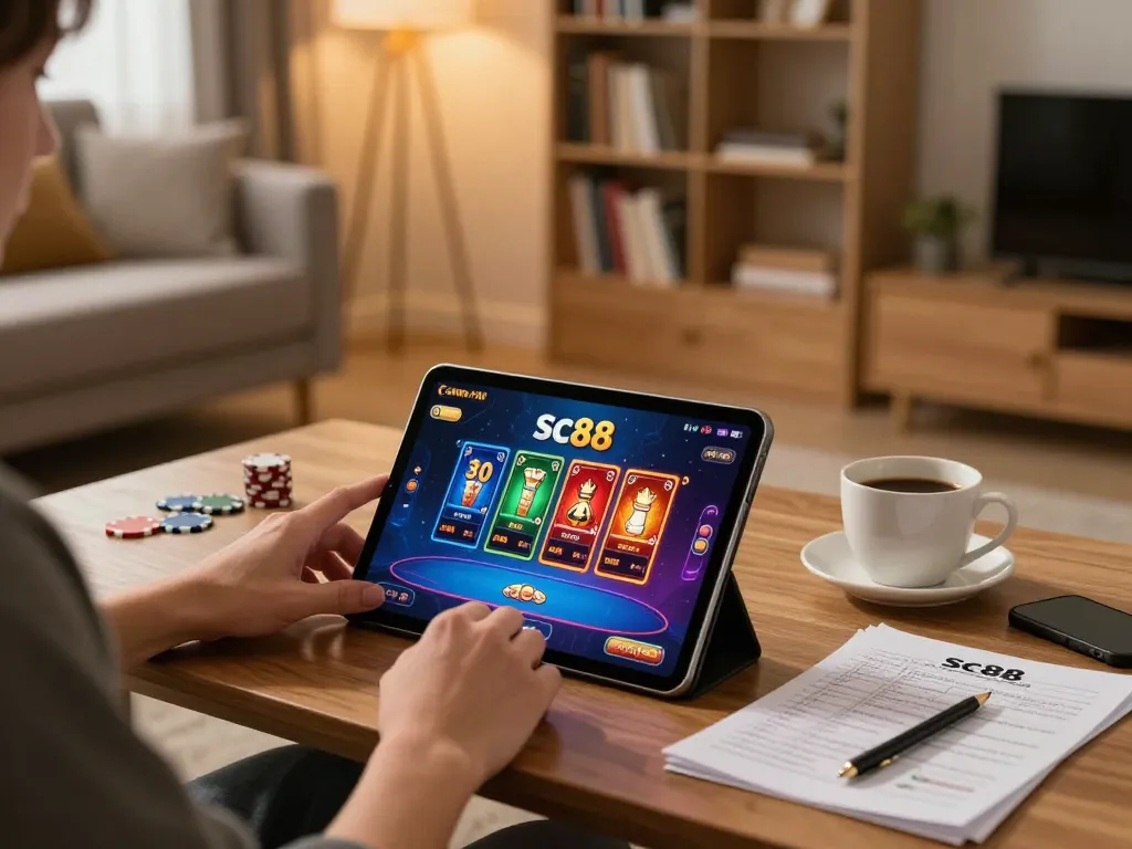 Engaging in sc88 online casino games on a tablet in a cozy living room.