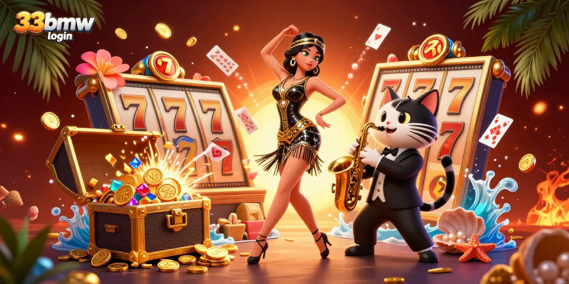 Engage with the dynamic scene of 33bmw login showcasing casino games and vibrant characters celebrating victory.