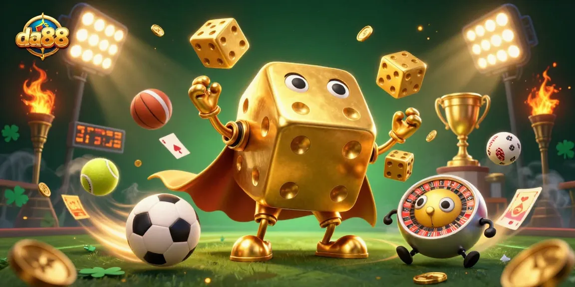 da88 showcases exciting gameplay with a dynamic scene of golden dice and sports elements