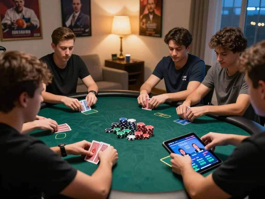 Engaged players strategizing at an online poker game on fly88 com with dynamic chips and cards.