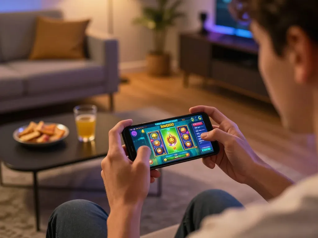 Memainkan slot hwg500 di smartphone dalam suasana rumah yang nyaman dengan camilan di dekatnya.