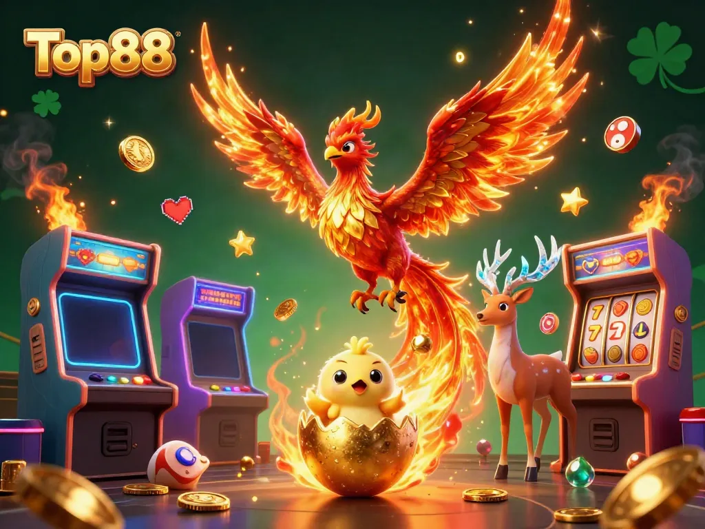 Top88 showcases a vibrant scene with a phoenix, game elements, and golden accents for casino excitement.