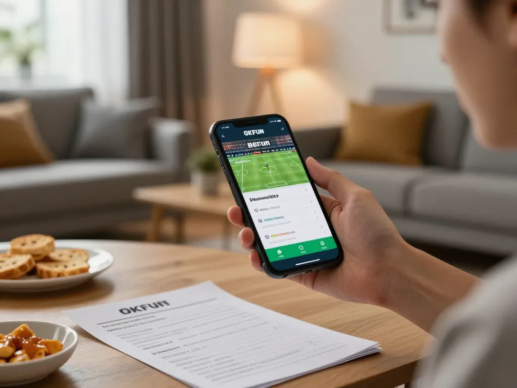 Engaging user placing bets on the OKFUN app in a cozy home setup.