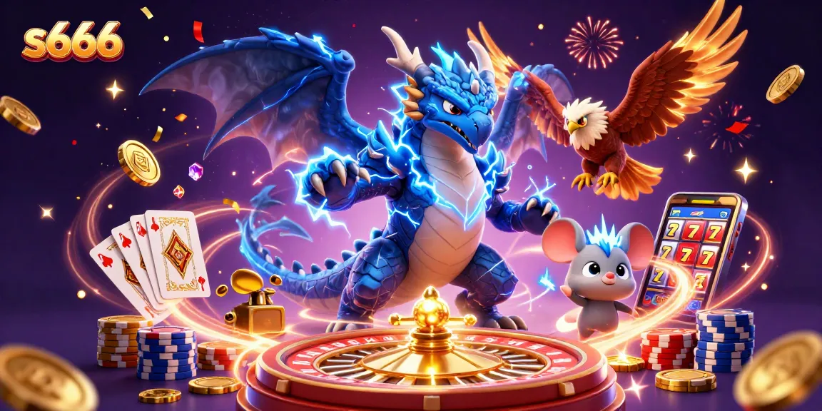 Experience excitement at s666 with a dynamic 3D casino scene featuring vibrant characters and game elements.
