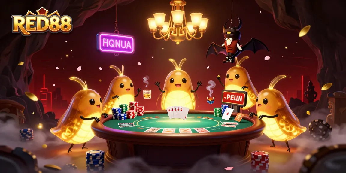 RED88 casino scene with glowworms lighting a poker table and a bat dealer, creating an engaging atmosphere.