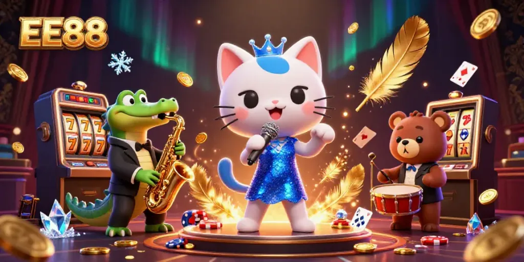 Join the fun with EE88's vibrant casino atmosphere featuring cartoon characters and game symbols.