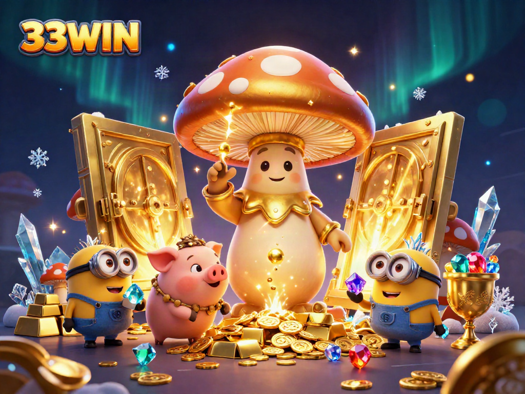 Experience the thrill of winning at 33WIN with magical golden treasures and dynamic characters in a captivating casino setting.