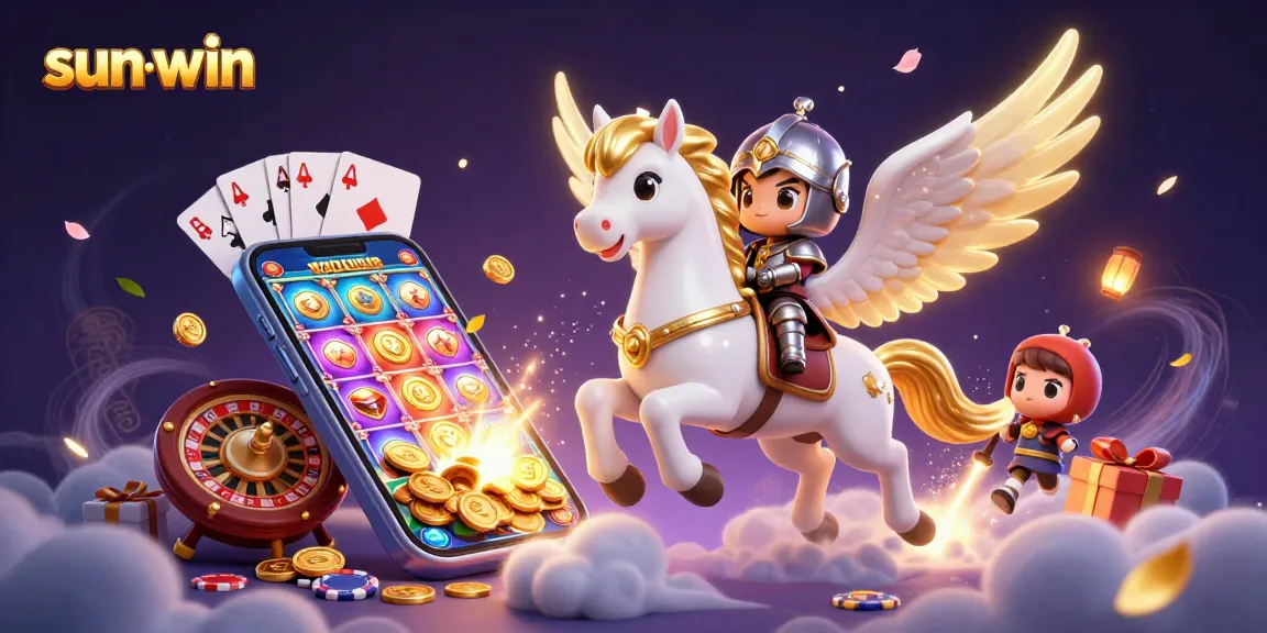 Sun-win slot game adventure featuring a mystical horse and knight amidst coins and cards.