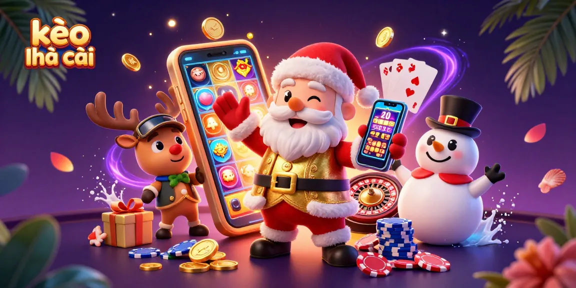 Engage with kèo nhà cái in this vibrant 3D casino illustration with Santa and festive game elements.