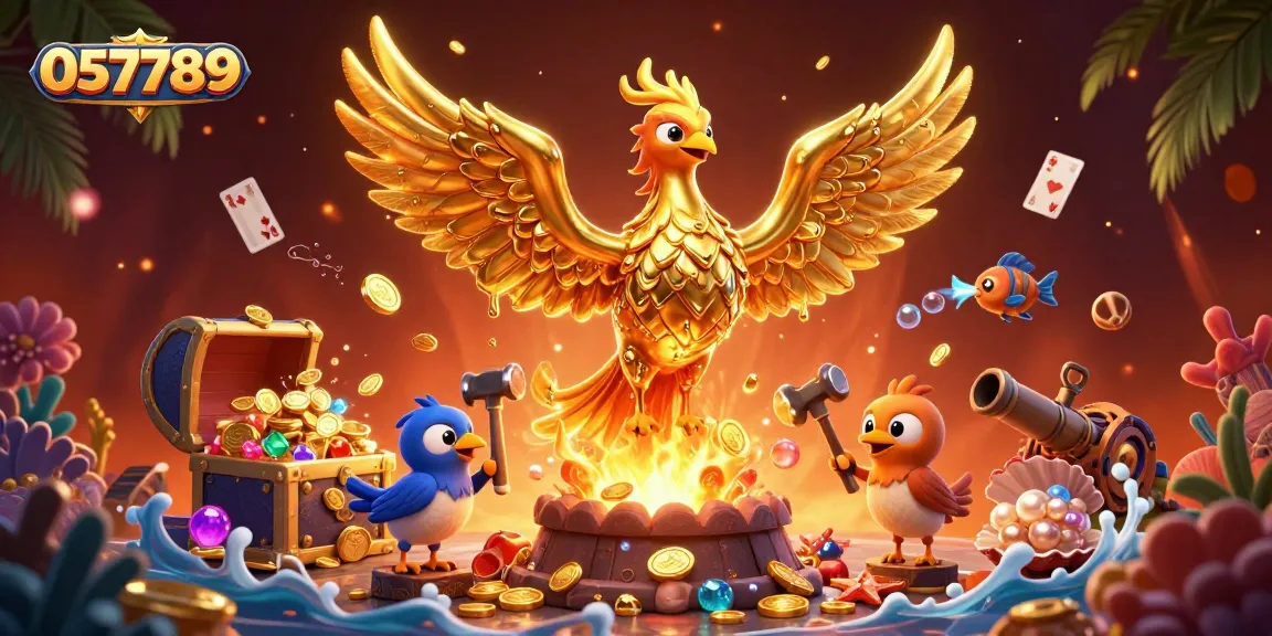 Engage with the 057789 in a vibrant casino adventure featuring a golden phoenix and treasure.