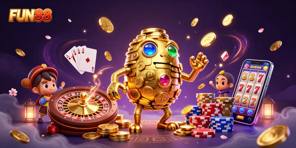 Experience fun and excitement at FUN88 with stunning casino visuals of slots, roulette, and poker games.
