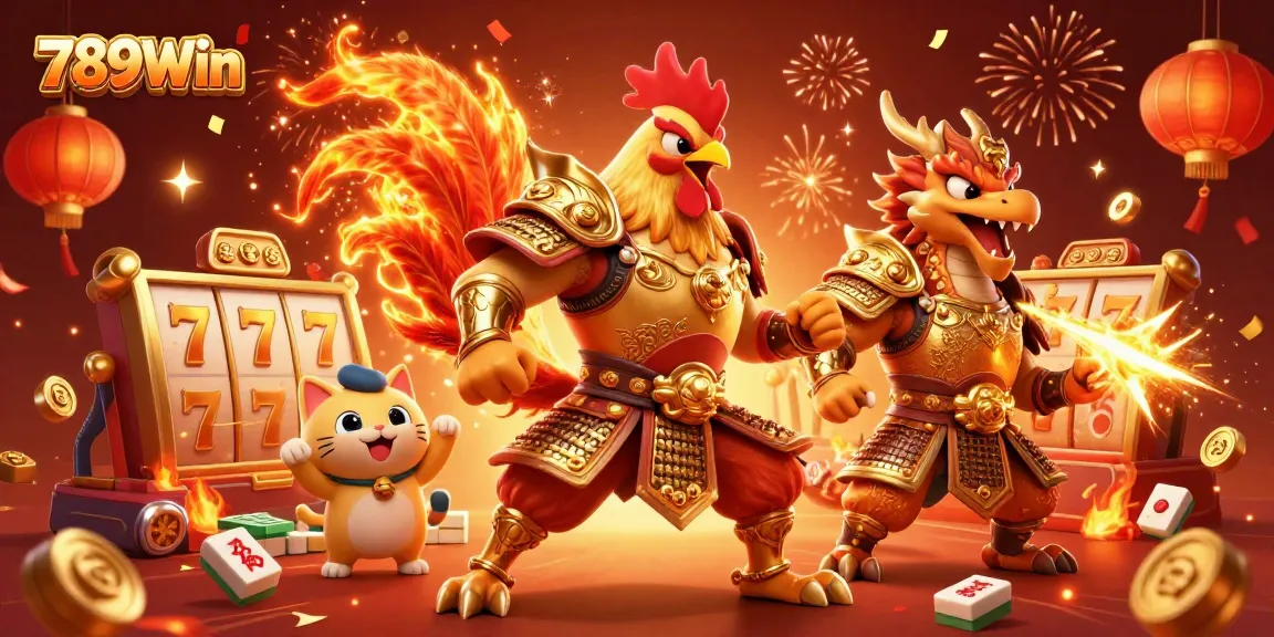 Experience the thrill of 789Win with a vibrant 3D illustration showcasing a fighting rooster and dragon in a dynamic casino scene.